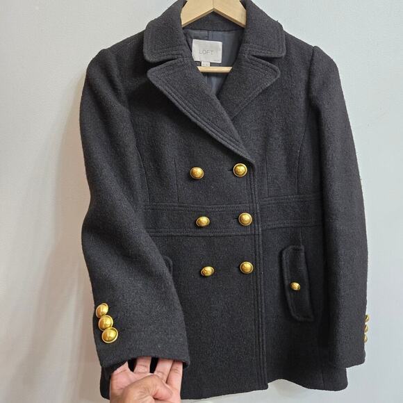 ANN TAYLOR LOFT Petites Womens 2P Black Pea Coat Gold Buttons Wool Blend Classic - Picture 2 of 9